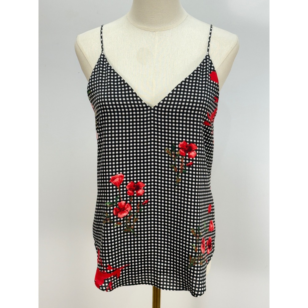 Express Gingham Floral Cami Tank Top Black White Red V-Neck Spaghetti Strap XS